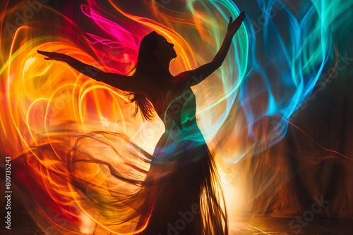Dancing Woman Silhouette Art in Long Dress with Colorful Lights