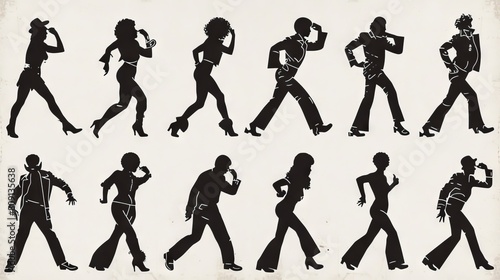 Set of ten silhouettes of male dancers on old paper.