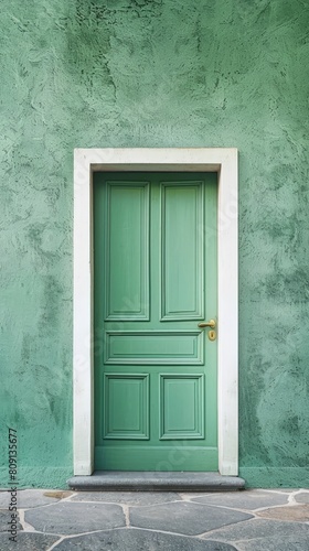 A vertical image of a green door against a green wall.