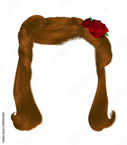women's curly hairs with flower red rose. redhead.