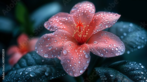 An image of a delicate pink tropical flower surrounded by a dark green backdrop exemplifies the beauty of nature