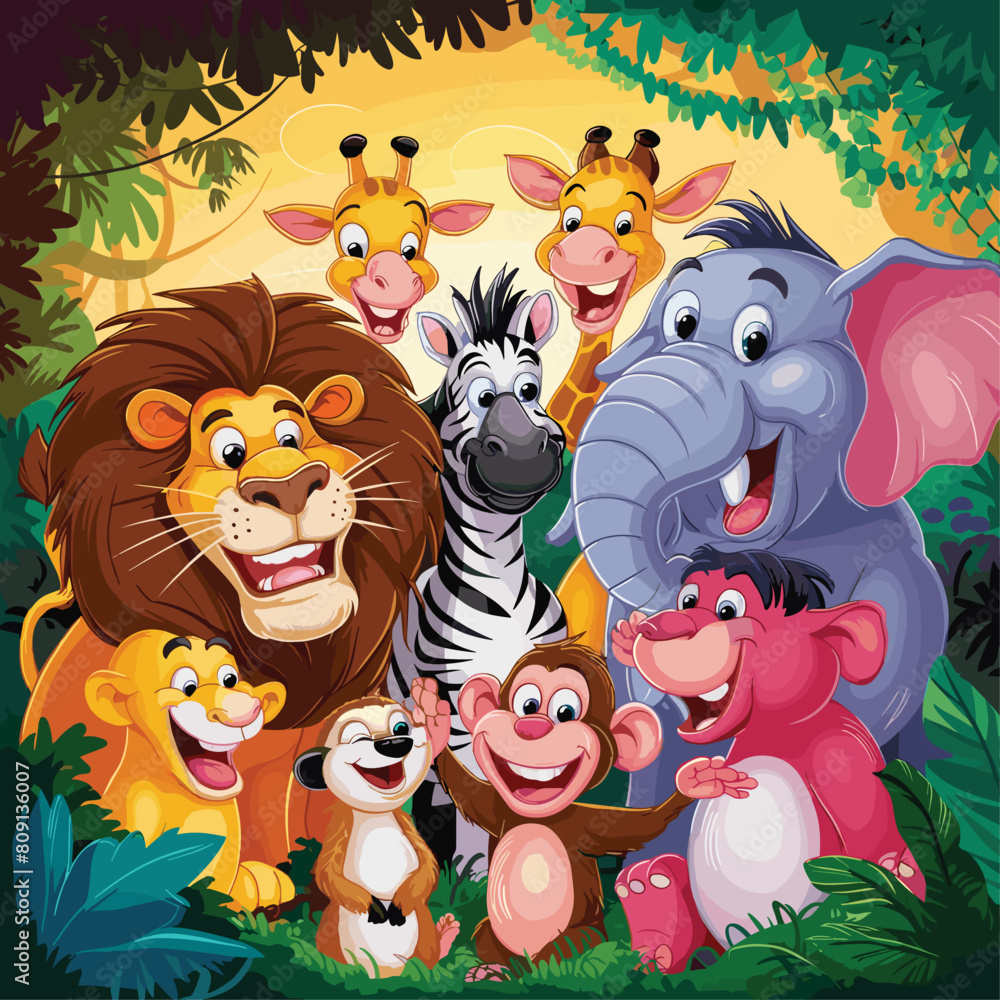 Naklejka premium Group of happy animals cartoon in the jungle colorful vector illustration