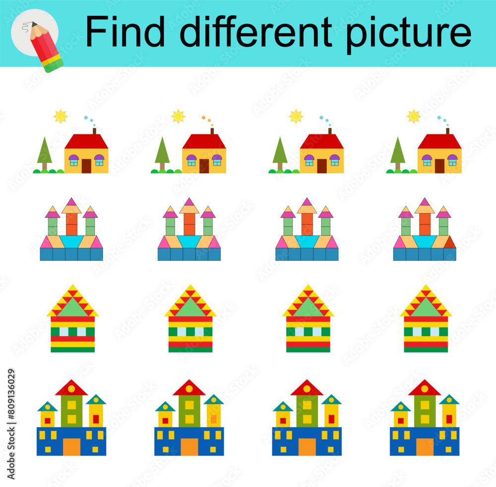 Logic game for children. Find different picture. Vector illustration of the house, castle.