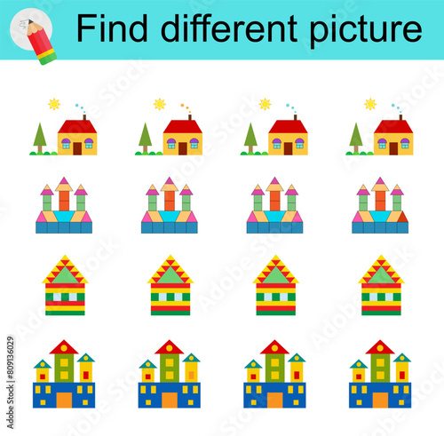 Logic game for children. Find different picture. Vector illustration of the house  castle.