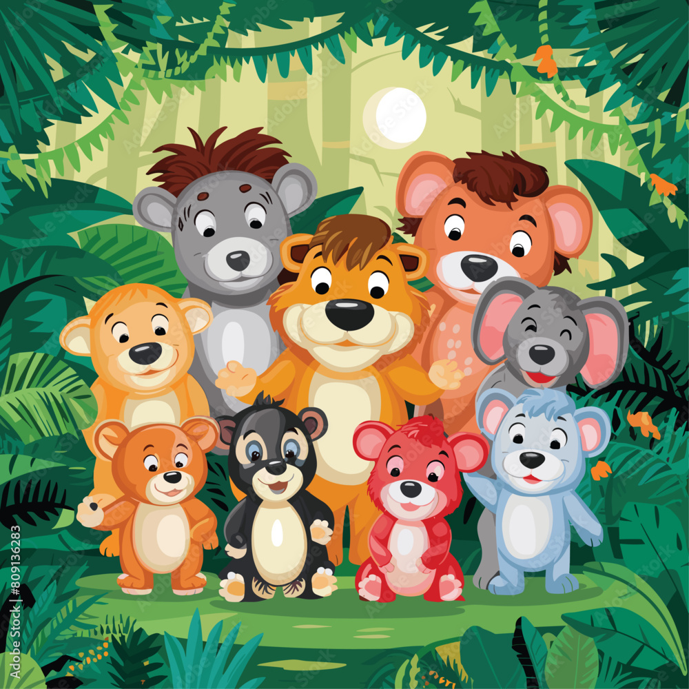 Naklejka premium Group of happy animals cartoon in the jungle colorful vector illustration