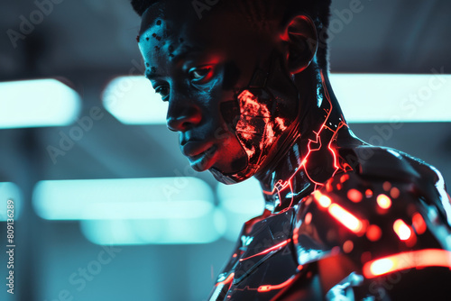 A close up of a man 's face with red lights coming out of it photo