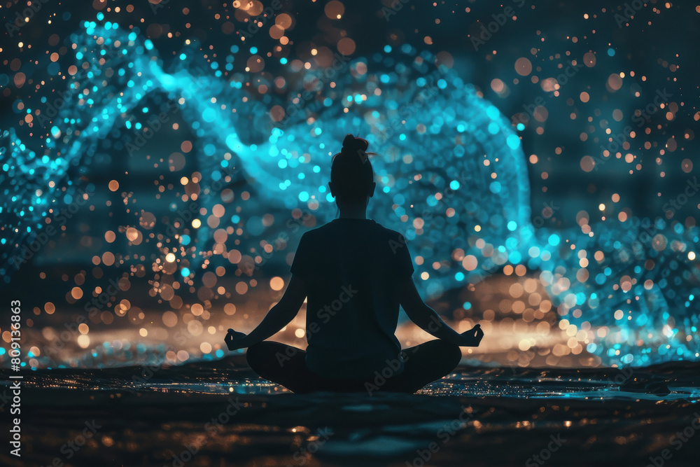 A woman sits in a lotus position in front of a glowing background A woman sits in a lotus position in front of a glowing background