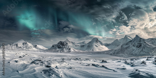 Panoramic view of snow-capped mountains in the Arctic