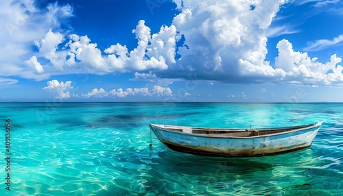 A striking image of a wooden boat floating on crystal-clear turquoise waters under a vibrant blue sky with puffy white clouds © qorqudlu
