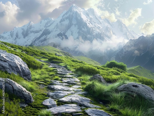 A vibrant landscape image featuring a stone path leading towards snow-capped mountains against a backdrop of lush green meadows and cloudy skies photo