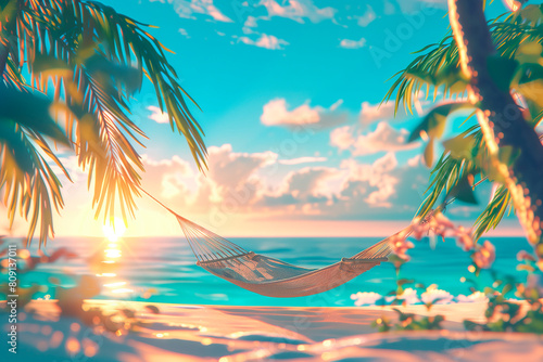 A hammock hangs between palm trees on the sandy seashore  with the azure ocean stretching to the horizon in the background. Sun Ray.