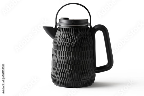A black ceramic electric kettle with a textured surface and a cordless design isolated on a solid white background. photo