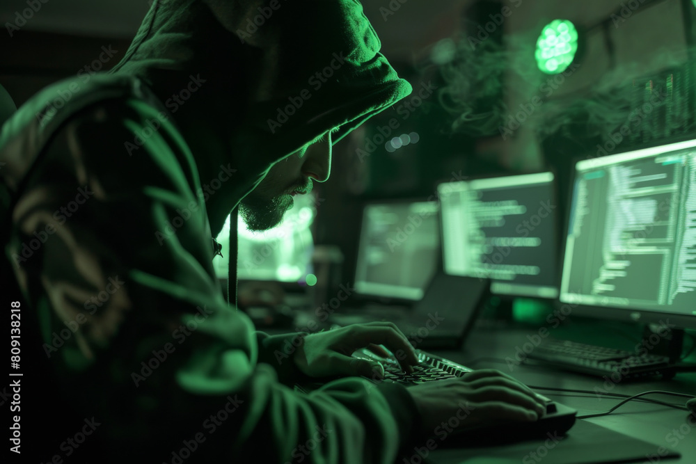 A man in a green hoodie is typing on a keyboard A man in a green hoodie is typing on a keyboard