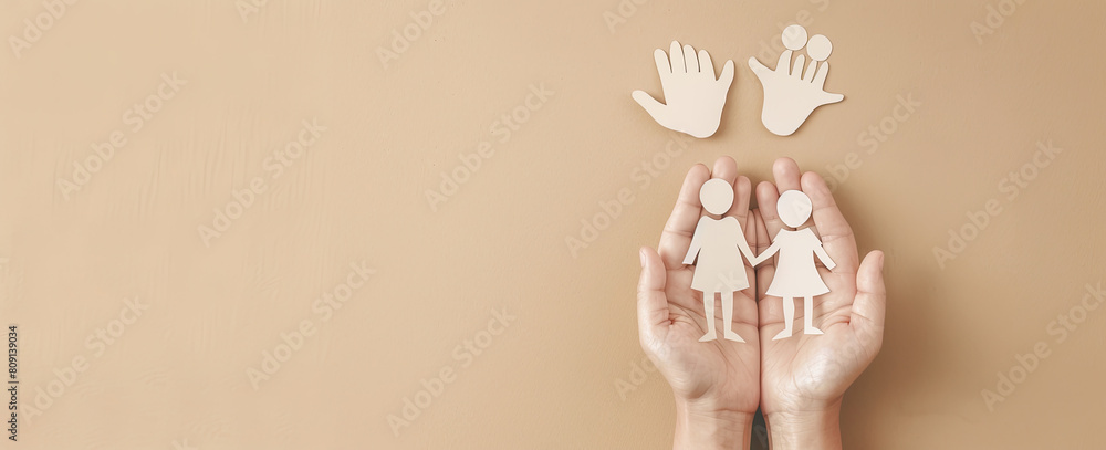 Hands holding a paper cutout of a family and child on a beige ...