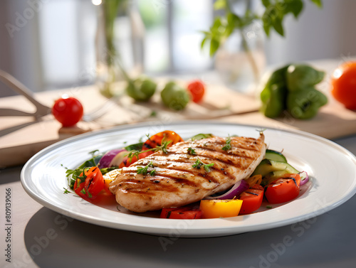 Close up of a grilled chicken breast with fresh vegetables on white plate, blurred kitchen background 