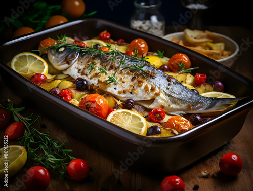 Baked whole fish with vegetables in a baking dish on kitchen table  photo