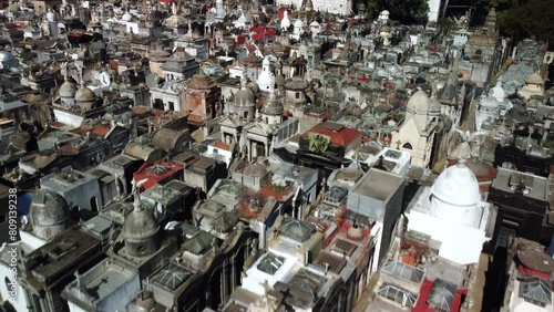 Aerial view of historic cemetery in Buenos Aires, Argentina. Old urban graveyard, necropolis chapel with ancient architecture. Famous landmark, religious European cityscape. Panoramic view of photo