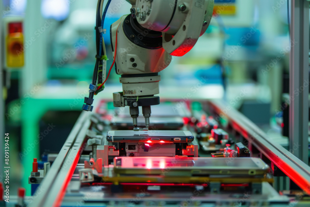 A robotic arm is working on a cell phone in a factory A robotic arm is working on a cell phone in a factory