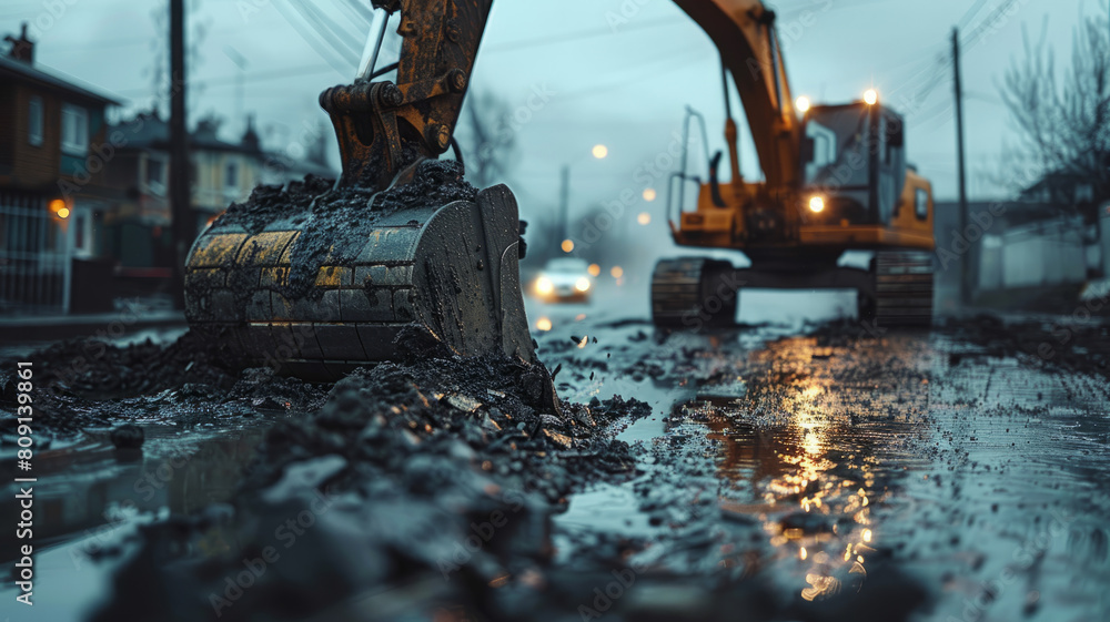 Fototapeta premium Excavator on a road construction site at dusk