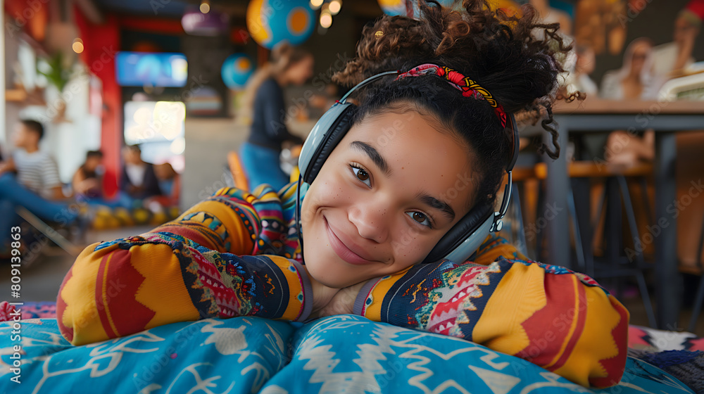 Fototapeta premium Young Smiling Woman Enjoying Music Through Headphones in a Cozy Cafe Environment
