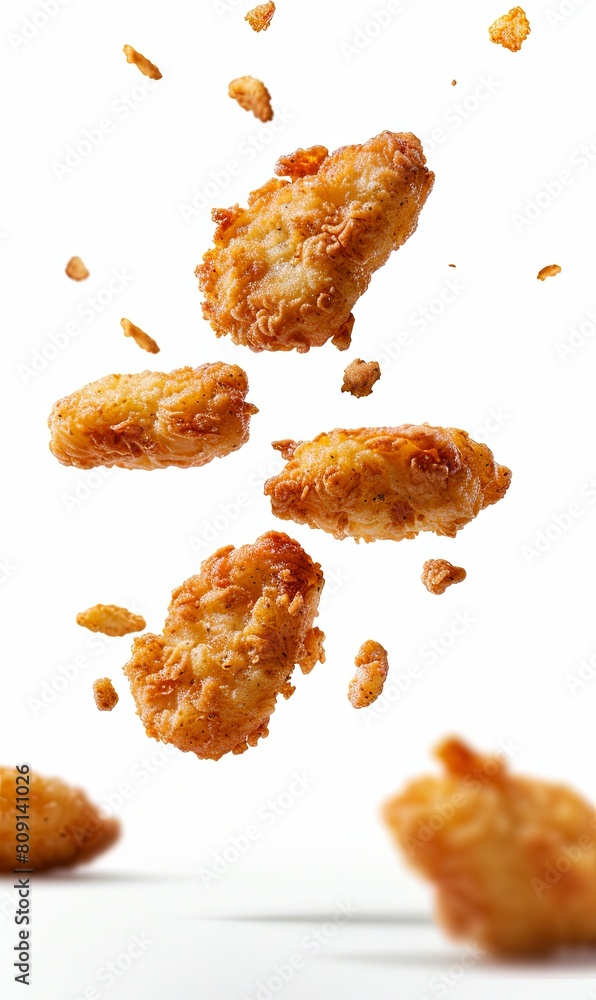chicken nuggets flying in the air, on white background. chicken nuggets flying in the air, on white background.