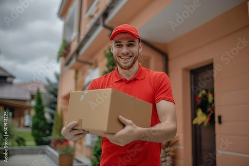 Smiling Delivery Man in Red Uniform Holding a Package. © lucegrafiar
