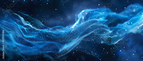 A powerful blue wave crashing under a sky full of stars, creating a mesmerizing display of natures forces, Glowing particles forming a futuristic, abstract formation over a night sky