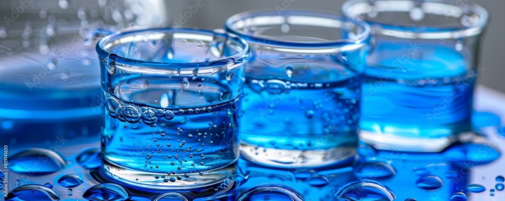 Several glasses filled with vibrant blue liquid are displayed in a group Several glasses filled with vibrant blue liquid are displayed in a group