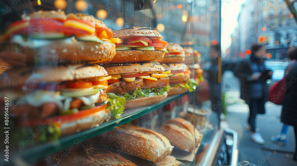 Sandwiches in a display case with street background. Sandwiches in a display case with street background.