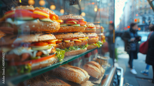 Sandwiches in a display case with street background.