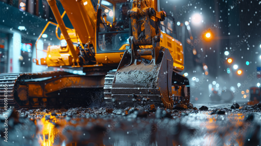An excavator on a city street at night An excavator on a city street at night