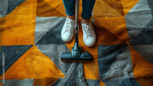 Wallpaper Mural Person Vacuuming a Vibrant Yellow and Blue Patterned Carpet Torontodigital.ca