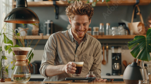 A man is smiling while holding a cup of coffee