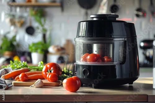 A black food processor with suction feet for stability  ensuring safe and efficient processing.