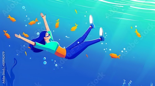 Jubilant Woman Descending into Marine Realm with Vibrant Marine Life in Ocean photo