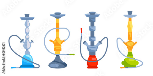 Hookah set. Glass Arabic hookahs collection. Turkish lifestyle. Aroma smoke