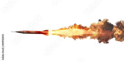 A missile with fire trail on transparent background. photo