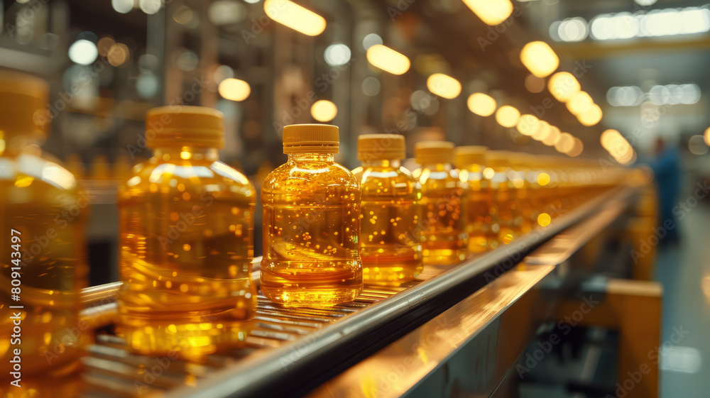 Bottles with yellow liquid on conveyor belt Bottles with yellow liquid on conveyor belt