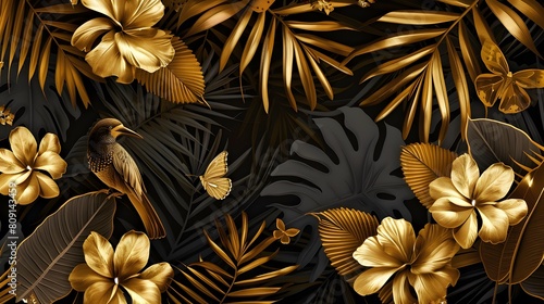 Beautiful tropical vintage palm leaves  trees  gold flowers  birds and jungle animals. floral pattern on the black background. Exotic jungle wallpaper..