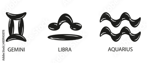 3D vector Zodiac Signs isolated transparent background. Set Zodiac Signs in modern Chrome Metal Bubbles style. Gemini, Libra, Aquarius Astrology elements of air