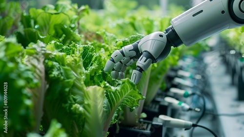 Smart farming agricultural technology employs a robotic arm to harvest hydroponic lettuce. Agriculture robot.