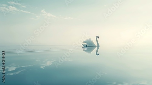 A graceful swan gliding across a perfectly still lake, its reflection mirrored on the pristine white surface