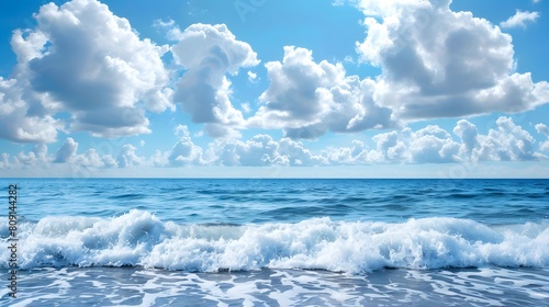 waves in the ocean. Powerful foamy sea waves over water surface against cloudy blue sky.