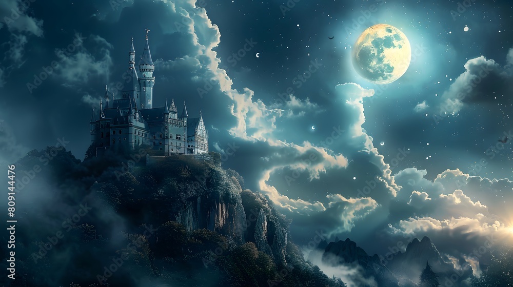 Fototapeta premium a castle in the sky with a full moon, fantasy art, epic mystical dreamlike fantasy landscape. Old castle on the hill. digital fantasy art. Fantasy wallpaper, vintage.