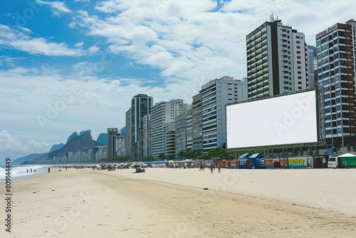 Blank Billboard Display on Beach with Metropolitan Skyline