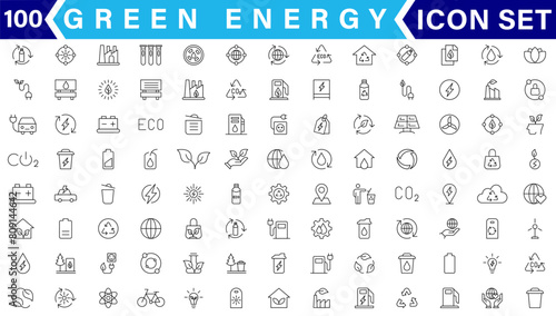 Set of green energy thin line icons. Icons for renewable energy, green technology. Design elements for you projects. Vector illustration