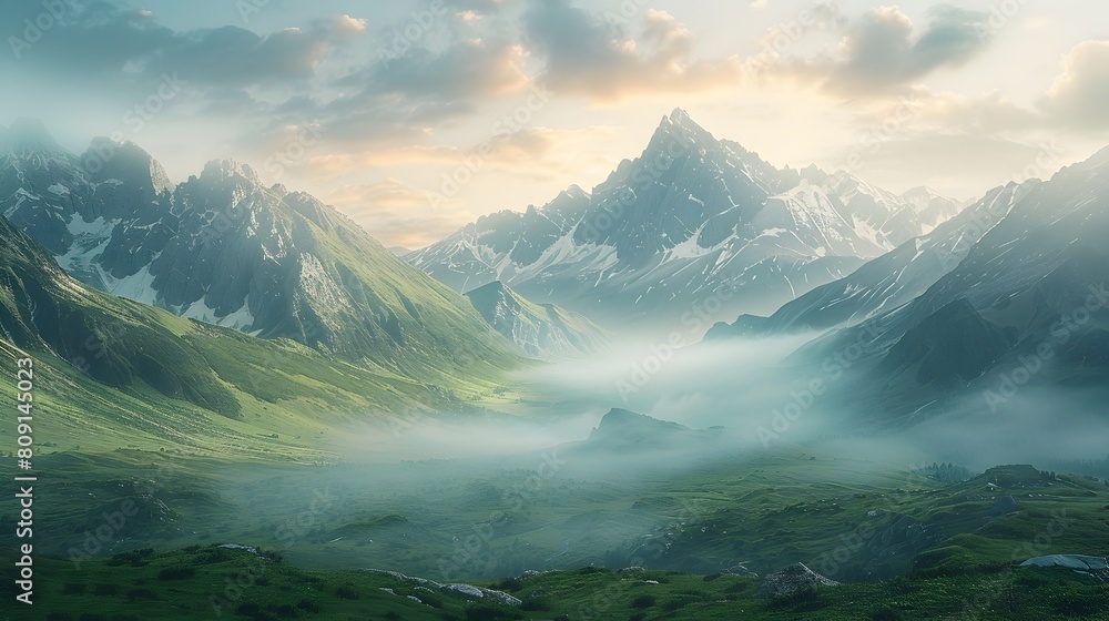 Majestic Mountain Valley at First Light Serene Wilderness Landscape with Misty Peaks Basking in the Dawn s Glow Majestic Mountain Valley at First Light Serene Wilderness Landscape with Misty Peaks Basking in the Dawn s Glow