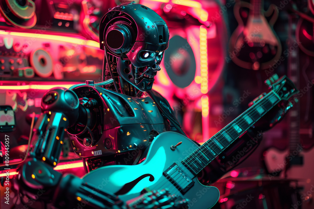 A robot wearing headphones is playing a guitar A robot wearing headphones is playing a guitar
