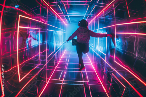 A person wearing a virtual reality headset is running through a tunnel of neon lights