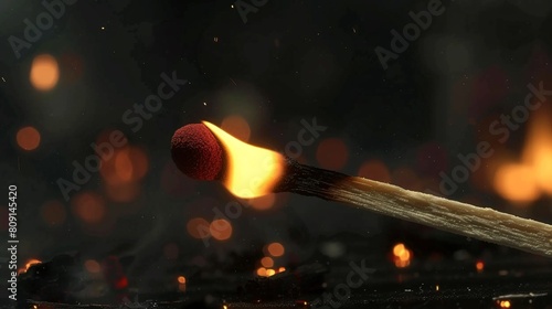 Capture the detail of a burntout matchstick in a macro shot, highlighting the ember glow remnants against a vivid backdrop photo